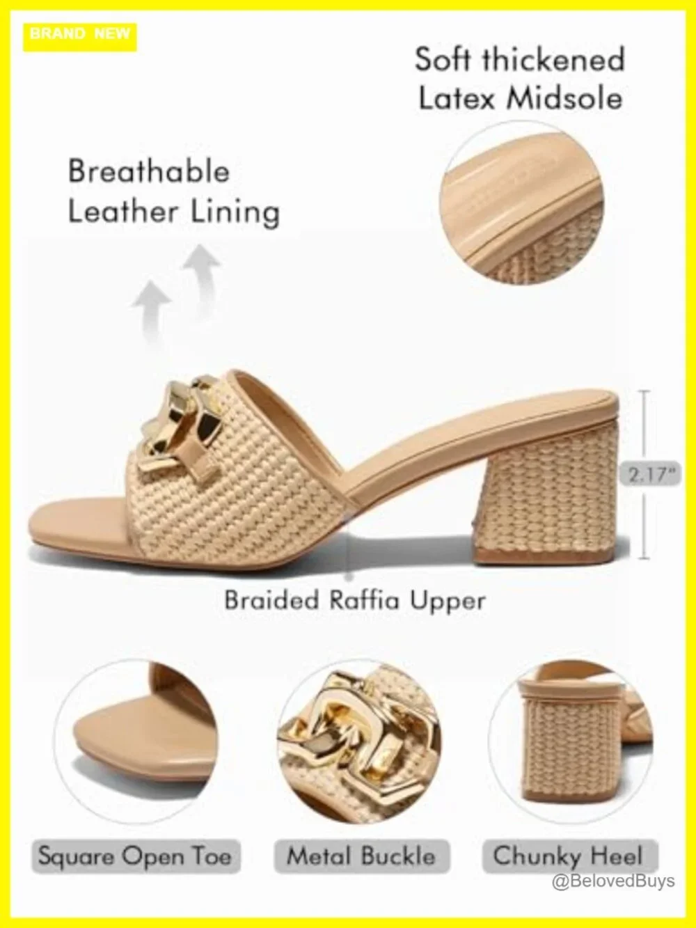 Raffia Slide Sandals Chunky Block Heeled Square Open Toe Metal Chain Slip on